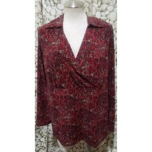Lane Bryant Top Womens Size 14 Red Black V Neck Collared Long Sleeve Blouse